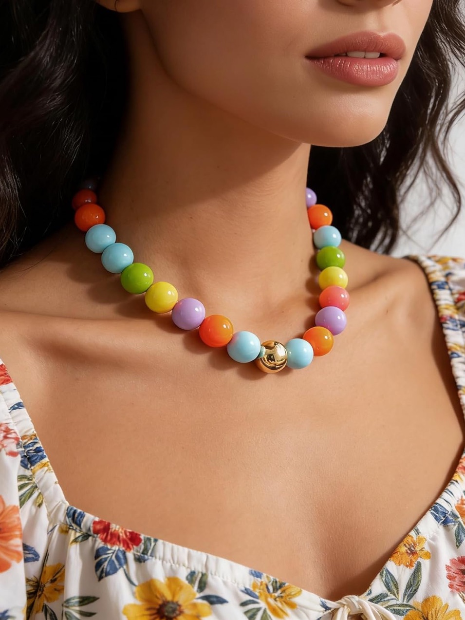 Pastel Multicolor Beaded Necklace With Gold Accent